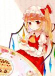 1girl :/ ascot bangs blonde_hair blush bow commentary_request cookie crystal cup eyebrows_visible_through_hair flandre_scarlet flower food frilled_bow frills hat leaf looking_at_viewer mob_cap plate pointy_ears puffy_short_sleeves puffy_sleeves red_bow red_eyes red_ribbon red_skirt red_vest ribbon sakizaki_saki-p short_sleeves side_ponytail sidelocks sitting skirt solo table tablecloth teacup teapot touhou vampire vest wings wrist_cuffs yellow_neckwear 