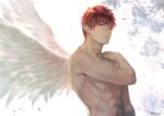  1boy abs commentary_request eyebrows hand_on_own_shoulder jewelry kagami_taiga kuroko_no_basuke looking_at_viewer male_focus necklace red_eyes redhead short_hair smile solo toned toned_male topless_male torisu wings 