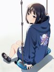  1girl animal_print artist_name bird_print black_hair brown_eyes english_text grin hood hoodie mattaku_mousuke original shoes short_hair sitting smile sneakers swing_set watermark white_background 