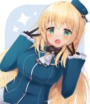  1girl atago_(kancolle) bangs black_gloves blonde_hair blue_headwear blush breasts double_v eyebrows_visible_through_hair frills gloves green_eyes hat hatomaru_(hatomaru56) kantai_collection large_breasts lokolokooo long_hair military military_uniform open_mouth simple_background solo sparkle uniform upper_body v 