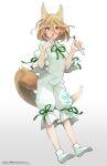  1girl :o animal_ears bangs blonde_hair blush bobby_socks bow commentary_request cork eyebrows_visible_through_hair eyes_visible_through_hair fox_ears fox_tail gradient gradient_background green_bow green_neckwear grey_background hair_between_eyes hand_up jumpsuit kudamaki_tsukasa looking_at_viewer open_mouth short_hair short_sleeves socks solo surprised syuri22 tail test_tube touhou white_jumpsuit white_legwear white_sleeves yellow_eyes 