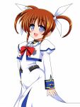  1girl brown_hair cowboy_shot dress hair_ribbon hand_on_hip long_hair lyrical_nanoha magical_girl mahou_shoujo_lyrical_nanoha red_neckwear ribbon simple_background smile solo takamachi_nanoha twintails violet_eyes white_background white_dress white_ribbon yaeba 