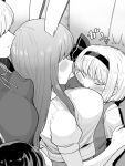  4girls animal_ears bangs blush breast_press breasts collared_shirt commentary_request faceless faceless_female hairband highres inaba_tewi junko_(touhou) konpaku_youmu koyama_shigeru large_breasts lift long_hair medium_breasts monochrome multiple_girls necktie rabbit_ears rabbit_tail reisen_udongein_inaba shirt short_hair short_sleeves sidelocks skirt standing sweatdrop tail touhou vest white_shirt wing_collar 