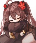  1girl absurdres ahoge black_dress black_headwear brown_hair bug butterfly child closed_eyes dress flower genshin_impact hair_flower hair_ornament hat highres hu_tao_(genshin_impact) long_sleeves plump sleeping teca_(ryeol) top_hat twintails wide_sleeves 