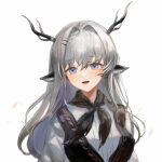  1girl :d alina_(arknights) animal_ears arknights black_neckwear black_vest blue_eyes commentary deer_antlers deer_ears deer_girl eyebrows_visible_through_hair grey_hair hair_intakes hair_ornament hairclip highres looking_at_viewer neckerchief open_mouth shirt simple_background smile solo spacelongcat upper_body vest white_background white_shirt 