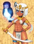  1girl :&lt; alternate_skin_color alternate_weapon ankh armlet bangs barefoot blue_eyes blunt_bangs bracelet breasts commentary cowboy_shot dark-skinned_female dark_skin diadem egyptian hand_on_hip jewelry khopesh konpaku_youmu konpaku_youmu_(ghost) looking_at_viewer navel pelvic_curtain shirosato short_hair slit_pupils small_breasts solo stomach sword touhou uraeus usekh_collar weapon white_hair 