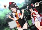  2girls ;q black_hair black_legwear black_neckwear bow breasts brown_hair camera commentary_request cosplay detached_sleeves feet_out_of_frame hair_bow hair_tubes hakurei_reimu hakurei_reimu_(cosplay) hakurei_shrine hat highres holding holding_camera medium_breasts multiple_girls necktie nontraditional_miko one_eye_closed pom_pom_(clothes) red_bow ribbon-trimmed_sleeves ribbon_trim shameimaru_aya shameimaru_aya_(cosplay) short_hair sparkling_eyes standing sunyup thigh-highs thighs tokin_hat tongue tongue_out touhou wide_sleeves 