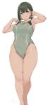  1girl alp ass_visible_through_thighs bare_arms bare_shoulders black_hair bob_cut breasts closed_mouth competition_swimsuit curvy feet_out_of_frame green_eyes green_swimsuit groin hair_tucking highleg highleg_swimsuit highres hip_bones legs looking_at_viewer medium_breasts narrow_waist one-piece_swimsuit original short_hair simple_background skin_tight smile solo swimsuit thick_thighs thigh_gap thighs white_background wide_hips 