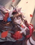  1girl animal_ears bangs belt black_dress black_gloves black_hair blue_flower blue_rose blurry blurry_foreground bonnet center_frills dagger dress flower frills gloves granblue_fantasy hair_flower hair_ornament half_gloves holding holding_dagger holding_weapon knife long_hair long_sleeves looking_at_viewer lying nier_(granblue_fantasy) on_back open_mouth petals puffy_long_sleeves puffy_sleeves red_eyes rose shiromimin solo thigh-highs weapon 