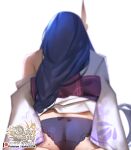  1girl ass back bare_shoulders braid genshin_impact hair_ornament highres hu_dako japanese_clothes kimono long_hair off_shoulder panties purple_hair purple_panties raiden_shogun sash simple_background solo underwear white_background 