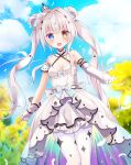  1girl :d asymmetrical_gloves blue_eyes breasts crown dress gloves heterochromia highres kagura_gumi kagura_mea long_hair mini_crown mismatched_gloves outdoors pantyhose sky small_breasts smile solo tama_jiang_lv2 twintails virtual_youtuber white_hair yellow_eyes 