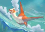  :d claws clouds commentary_request day flying full_body kikuyoshi_(tracco) latias looking_at_viewer no_humans open_mouth orange_eyes outdoors pokemon pokemon_(creature) signature sky smile solo tongue water 