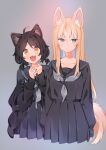  2girls :3 :| ahoge akagashi_hagane animal_ear_fluff animal_ears arms_at_sides bangs black_blouse black_cardigan black_hair black_sailor_collar black_serafuku black_skirt blonde_hair blouse blush cardigan cat_ears clenched_hands closed_mouth clothes_down collarbone cowboy_shot cropped_legs dog_ears dog_girl dog_tail dot_nose expressionless eyebrows_visible_through_hair eyes_visible_through_hair fangs gradient_eyes green_eyes grey_background grey_neckwear hair_between_eyes hair_ornament hands_up long_hair long_sleeves looking_at_viewer low_twintails multicolored multicolored_eyes multiple_girls neckerchief open_cardigan open_clothes open_mouth original pleated_skirt sailor_collar school_uniform serafuku short_hair short_twintails simple_background skirt slit_pupils standing straight-on swept_bangs tail tareme tsurime twintails x_hair_ornament yellow_eyes 