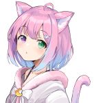  1girl absurdres ahoge anbasa_(amaneyuz13) animal_ears bangs blue_hair blush candy_hair_ornament cat_ears cat_girl cat_tail commentary_request eyebrows_visible_through_hair food-themed_hair_ornament fur_trim gradient_hair green_eyes hair_ornament heterochromia highres himemori_luna hololive looking_at_viewer multicolored_hair parted_lips pink_hair short_hair simple_background solo tail tail_raised upper_body violet_eyes virtual_youtuber white_background 