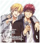  2boys :d arm_around_shoulder blonde_hair character_name commentary_request grey_jacket grin holding holding_microphone jacket jewelry kagami_taiga kise_ryouta kuroko_no_basuke long_sleeves looking_at_another male_focus microphone multiple_boys necklace necktie open_clothes red_eyes redhead school_uniform shirt short_hair smile torisu yellow_eyes 
