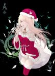  1girl alice_(alice_in_wonderland) alice_in_wonderland black_background blonde_hair breasts bug butterfly card christmas green_eyes hat highres long_hair looking_at_viewer merry_hearm one_eye_closed open_mouth playing_card poker santa_costume santa_hat skirt solo 