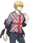  1boy blonde_hair collarbone commentary_request flag_print jacket jacket_partially_removed jewelry kise_ryouta kuroko_no_basuke looking_at_viewer male_focus necklace shirt short_hair simple_background solo torisu white_background yellow_eyes 