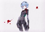  1girl ayanami_rei black_bodysuit blood blood_on_face blood_splatter blue_hair bodysuit breasts closed_mouth commentary cowboy_shot faux_traditional_media highres iiibanah looking_at_viewer neon_genesis_evangelion plugsuit rebuild_of_evangelion red_eyes short_hair skin_tight small_breasts solo white_background 