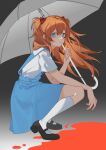  1girl absurdres black_footwear blood blood_on_ground blue_eyes blue_skirt commentary from_side full_body gradient gradient_background grey_background highres holding holding_umbrella interface_headset kneehighs long_hair looking_at_viewer neon_genesis_evangelion oldestyukari orange_hair parted_lips pool_of_blood school_uniform shirt shoes short_sleeves skirt solo souryuu_asuka_langley squatting suspender_skirt suspenders tokyo-3_middle_school_uniform_(evangelion) umbrella white_background white_legwear white_shirt 