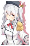  (kancolle) 1girl bangs beret black_headwear blue_eyes blush breasts closed_mouth epaulettes frills gloves hair_between_eyes hat kantai_collection kashima_(kancolle) large_breasts long_hair looking_at_viewer military military_uniform okitarou_(okiyo) red_neckwear silver_hair simple_background solo sweat twintails uniform upper_body white_gloves 