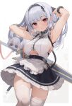  1girl armpits arms_up azur_lane belt breasts dido_(azur_lane) earrings eyebrows_visible_through_hair hair_ornament highres jewelry kurige_horse large_breasts looking_at_viewer maid maid_headdress red_eyes silver_hair sleeveless sword sword_behind_back thigh-highs under_boob weapon white_background white_legwear wrist_cuffs 