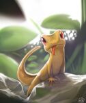  animal_focus artist_name backlighting blurry blurry_background closed_mouth commentary dated day forked_tongue grass highres kiibou_(keyhat_tk10) leaf lizard looking_at_viewer no_humans original outdoors red_eyes rock signature tongue tongue_out 