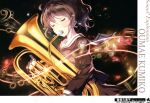  1girl absurdres artist_request bass_clef beamed_eighth_notes beamed_sixteenth_notes blush brown_hair brown_shirt brown_skirt closed_eyes crying eighth_note euphonium hibike!_euphonium highres holding holding_instrument instrument kitauji_high_school_uniform long_sleeves music musical_note neckerchief oumae_kumiko playing_instrument pleated_skirt ponytail red_neckwear sailor_collar school_uniform serafuku shirt short_hair skirt solo standing tears treble_clef white_sailor_collar 