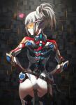  1girl android ass back bangs breasts female_ass grey_hair highleg highleg_leotard highres joints large_breasts leotard long_hair looking_at_viewer looking_back mechanical_arms no_panties original ponytail robot_joints smile solo thighs tonee visor white_leotard 