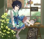  1girl 22/7 absurdres black_hair blackwhite_wind book brown_eyes clock florist hair_ornament highres looking_at_viewer short_hair sitting skirt smile spring_(season) takigawa_miu window 