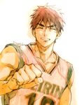  1boy basketball_uniform clenched_hand closed_eyes collarbone commentary_request eyebrows facing_viewer grin kagami_taiga kuroko_no_basuke male_focus redhead short_hair smile solo sportswear teeth toned toned_male torisu upper_body 