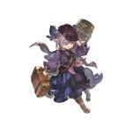  1girl alternate_costume boots bow briefcase granblue_fantasy hair_bow hair_over_one_eye harvin hat holding holding_briefcase long_hair long_sleeves looking_at_viewer niyon_(granblue_fantasy) official_alternate_costume official_art pointy_ears purple_hair red_eyes simple_background solo transparent_background 