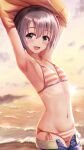  1girl :d absurdres armpits arms_up bangs bikini brown_hair collarbone denim denim_shorts flat_chest grey_eyes hair_between_eyes highres idolmaster idolmaster_cinderella_girls looking_at_viewer masuku_(saint_mask) navel ocean open_mouth otokura_yuuki outdoors shirt short_hair short_shorts shorts side-tie_bikini smile solo standing striped striped_bikini swimsuit unbuttoned undressing yellow_shirt 