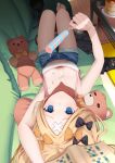  1girl abigail_williams_(fate) absurdres bandaid bandaid_on_forehead bangs bare_shoulders black_bow black_cat black_jacket blonde_hair blue_eyes blue_shorts blush book bow breasts camisole cat collarbone couch crossed_bandaids denim denim_shorts emuki_(armies_soul) fate/grand_order fate_(series) forehead hair_bow highres jacket jacket_removed long_hair looking_at_viewer lying multiple_bows on_back orange_bow parted_bangs polka_dot polka_dot_bow short_shorts shorts small_breasts stuffed_animal stuffed_toy teddy_bear thighs white_camisole 