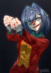  1girl arthur_fleck blue_eyes blue_hair chain clenched_hands cosplay cuffs dc_comics english_commentary eyebrows_visible_through_hair hair_intakes hairband handcuffs hololive hololive_english jacket joker_(2019) joker_(dc) joker_(dc)_(cosplay) looking_at_viewer minxei ouro_kronii pants red_jacket red_pants shirt short_hair smile solo upper_body virtual_youtuber yellow_shirt 