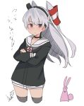  1girl absurdres amatsukaze_(kancolle) black_dress blush closed_mouth commentary_request cowboy_shot dated dress eyebrows_visible_through_hair grey_hair grey_legwear hair_ornament highres inica kantai_collection long_hair rabbit sailor_collar sailor_dress signature simple_background solo thigh-highs two_side_up white_background white_sailor_collar 