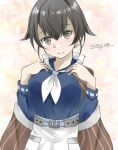  1girl apron artist_name black_hair blue_serafuku blush closed_mouth commentary dated eyebrows_visible_through_hair gakky grey_eyes jingei_(kancolle) kantai_collection neckerchief one-hour_drawing_challenge shawl short_hair solo upper_body white_apron white_neckwear 
