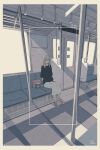  1girl backpack bag bangs bench black_shirt blonde_hair closed_eyes closed_mouth expressionless glasses ground_vehicle highres indoors medium_hair mono_(2_onom) original red_footwear shirt shoes short_sleeves sitting skirt solo sunlight train train_interior white_skirt window 
