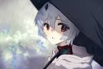  1girl ayanami_rei black_umbrella blue_hair coat commentary_request grey_pupils highres hooded_coat interface_headset kkkovo looking_at_viewer neon_genesis_evangelion parted_lips rain rebuild_of_evangelion red_eyes short_hair solo umbrella upper_body white_coat 