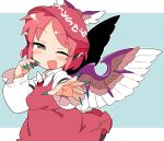  1girl ;d animal_ears bangs bird_ears bird_wings blue_background border brown_dress brown_eyes brown_headwear dress earrings eyebrows_visible_through_hair fang fingernails green_nails ini_(inunabe00) jewelry long_fingernails long_sleeves looking_at_viewer mystia_lorelei one_eye_closed open_mouth pink_hair short_hair simple_background single_earring skin_fang smile solo touhou white_border white_wings winged_hat wings 
