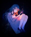  1girl :o achiki black_background blue_dress blue_eyes blue_hair blush boots bug butterfly dress eyebrows_visible_through_hair floating floating_hair hand_on_own_thigh highres legs_up long_hair looking_down original shooting_star socks solo star_(sky) touching white_legwear 
