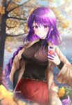  1girl autumn_leaves bangs belt blunt_bangs blush braid braided_ponytail casual coat genshin_impact hair_ornament highres holding holding_phone jewelry long_hair looking_at_viewer mole mole_under_eye necklace open_clothes open_coat phone purple_hair raiden_shogun red_skirt ryunbi skirt solo tree violet_eyes 