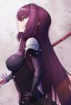  1girl armor bangs bodysuit breasts closed_mouth fate/grand_order fate_(series) gae_bolg_(fate) hair_between_eyes hair_intakes hand_on_hip highres ichi_yoshida kamoashi large_breasts long_hair pauldrons polearm profile purple_bodysuit purple_hair red_eyes scathach_(fate) shoulder_armor spear weapon 