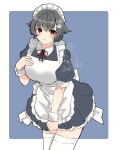  1girl alternate_costume apron artist_logo black_dress black_hair blue_background border cowboy_shot dress enmaided frilled_apron frills hair_flaps hair_ornament hairclip highres jingei_(kancolle) kantai_collection leaning_forward long_hair looking_at_viewer low_ponytail maid maid_apron maid_headdress mochizou one-hour_drawing_challenge red_eyes simple_background solo thigh-highs twitter_username two-tone_background white_apron white_border white_legwear wrist_cuffs 