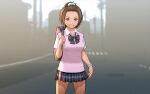  1girl bag blurry blurry_background bow bracelet brown_eyes brown_hair cowboy_shot highres jewelry looking_at_viewer original outdoors pleated_skirt rustle school_uniform shirt short_hair short_sleeves skirt smile solo sweater_vest white_shirt 