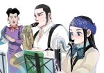  1boy 2girls asirpa bass_clarinet black_hair blue_eyes blue_headband bow buzz_cut chest_hair clapping dress facial_hair golden_kamuy headband higashino highres instrument long_hair multiple_girls music music_stand playing_instrument purple_dress saxophone shirt short_hair sideburns simple_background sitting standing stubble suspenders sweat tanigaki_genjirou very_short_hair white_background white_shirt yamada_fumie 