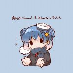  1girl black_coat bloom2425 blue_background blue_hair blue_scarf chibi closed_mouth coat commentary_request double_bun kantai_collection necktie red_neckwear samuel_b._roberts_(kancolle) scarf short_hair simple_background solo steam upper_body 