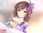 1girl absurdres artist_request blob brown_eyes brown_hair bubble_tea centi_(nimu) cup disposable_cup drink drinking drinking_straw drinking_straw_in_mouth hair_ornament highres holding holding_drink indie_virtual_youtuber low_twintails multicolored_hair nimu_(vtuber) off-shoulder_shirt off_shoulder shirt short_hair solo star_(symbol) star_hair_ornament twintails 
