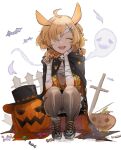  ahoge akebisousaku animal_ears arknights bandage_over_one_eye bandaged_arm bandages bat black_cloak black_legwear blonde_hair braid candy cloak commentary_request facing_viewer fence food ghost hair_ornament hat highres holding holding_candy holding_food jack-o&#039;-lantern kroos_(arknights) kroos_(the_mag)_(arknights) open_mouth sarashi shoes short_twintails simple_background skull_hair_ornament smile sneakers squatting tiptoes tombstone top_hat twintails white_background 