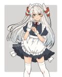  1girl alternate_costume amatsukaze_(kancolle) apron artist_logo black_dress border cowboy_shot dress enmaided frilled_apron frills gloves hair_tubes highres kantai_collection long_hair maid maid_apron maid_headdress mochizou one-hour_drawing_challenge silver_hair single_glove smile solo standing thigh-highs two-tone_background two_side_up white_apron white_border white_gloves white_legwear windsock wrist_cuffs 
