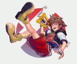  1boy blue_eyes brown_hair fingerless_gloves gloves highres hood jewelry keyblade kingdom_hearts kingdom_hearts_i linvaniin looking_at_viewer male_focus necklace open_mouth short_hair smile solo sora_(kingdom_hearts) spiky_hair super_smash_bros. 
